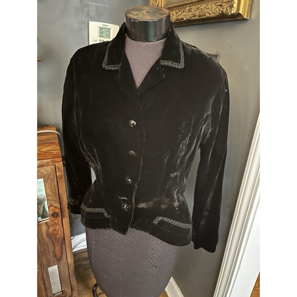 TRUE VINTAGE 1930s SILK VELVET EVENING JACKET Art Deco Fitted Crop Blazer Sz M